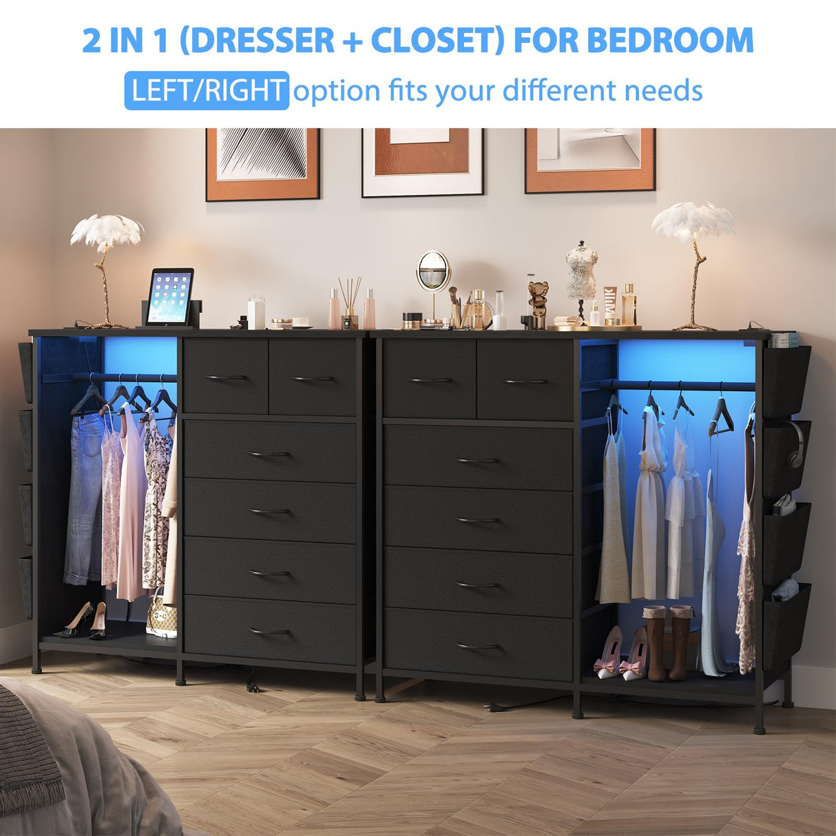WODRAWER 6 Drawer Dresser for Bedroom with Clothes Rack, Clothes Dresser with Side Pockets and Hooks, Charging Station & LED Lights, Wooden Top, Fabric Storage (Black) WODRAWER