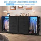 WODRAWER 6 Drawer Dresser for Bedroom with Clothes Rack, Clothes Dresser with Side Pockets and Hooks, Charging Station & LED Lights, Wooden Top, Fabric Storage (Black) WODRAWER