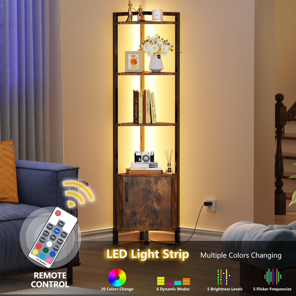 Furnulem Corner Shelf, Narrow Corner Bookshelf LED,5-Tier Corner Cabinet with Storage, 62.8” Standing Display Shelf for Bedroom, Living Room, Kitchen, Wood Display Shelf (Rustic Brown) Furnulem