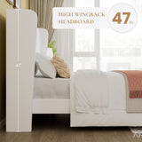 SHA CERLIN King Size Velvet Upholstered Platform Bed Frame with Vertical Channel Tufted Wingback Headboard, Wooden Slats Support, Easy Assembly, Under Bed Storage, No Box Spring Required, White SHA CERLIN