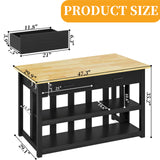 47.3" Solid Rubberwood Kitchen Island with Power Outlets - Extra Large Work Surface, 2 Drawers & Open Shelves Storage Cabinet for Kitchen Dining Room, Farmhouse Style (Black) DynJest