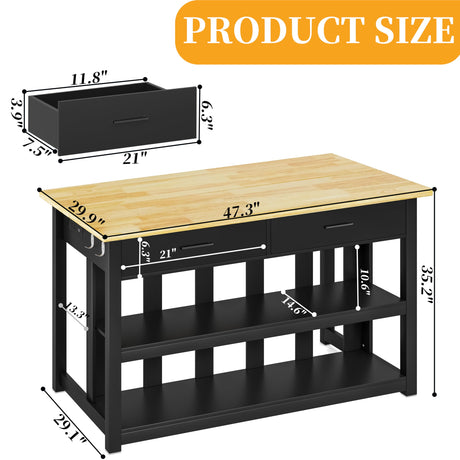 47.3" Solid Rubberwood Kitchen Island with Power Outlets - Extra Large Work Surface, 2 Drawers & Open Shelves Storage Cabinet for Kitchen Dining Room, Farmhouse Style (Black) DynJest