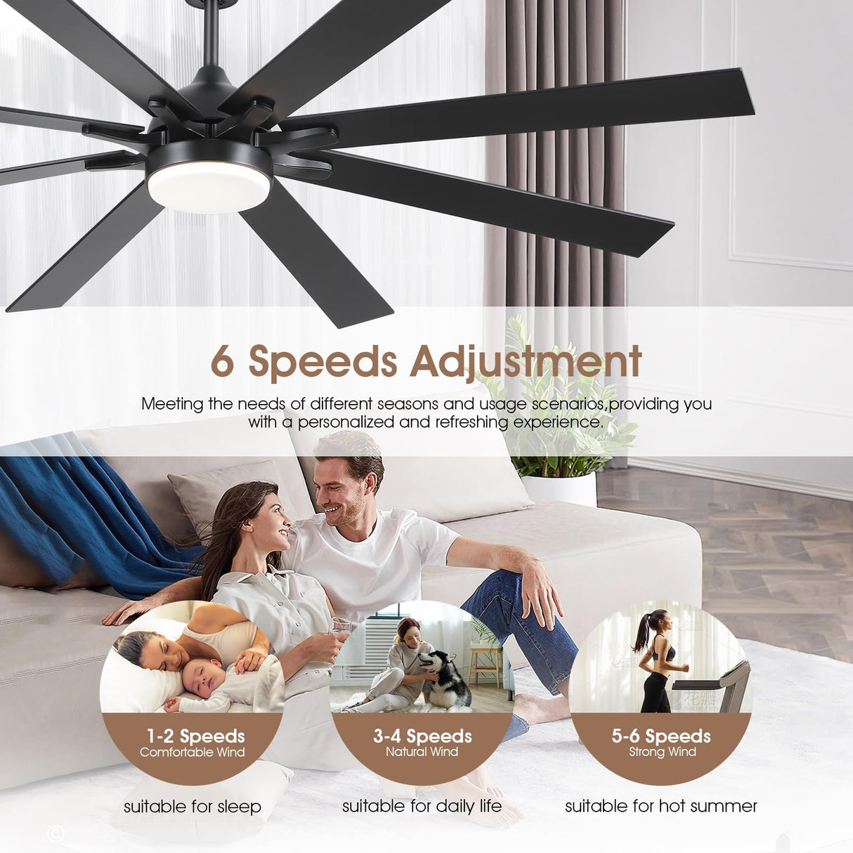 Kviflon 72 Inch Large Ceiling Fans with Lights and Remote, Indoor/Outdoor Black Modern Industrial Ceiling Fan with Light for Living Room Patios Porch, Reversible Quiet Motor, 8 Dual Finish Blades Kviflon
