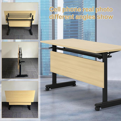 55in conference table,modern wood color office folding Flip Top Mobile Training Table With chair 55"D x 23.6"W x 29.5"H with wheels is convenient suitable for office meeting room classroom use (3Pcs )