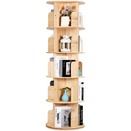 Rengue Rotating Bookshelf Tower, 5 Tiers Floor Standing Bookcase Storage Rack, 360 Display Round Spinning Bookshelf with Detachable Feet for Small Space, Bedroom, Living Room, Office Rengue