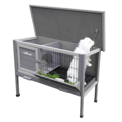 Rabbit Hutch, Wooden Bunny Cages Indoor with Deeper Leakproof Tray - Upgrade with Metal Wire Pan (Grey, Rabbit Hutch #001-B) Large - WoodArtSupply