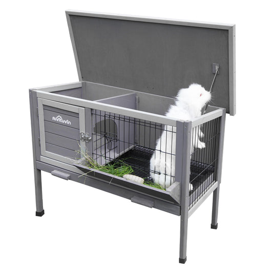 Rabbit Hutch, Wooden Bunny Cages Indoor with Deeper Leakproof Tray - Upgrade with Metal Wire Pan (Grey, Rabbit Hutch #001-B) Large - WoodArtSupply