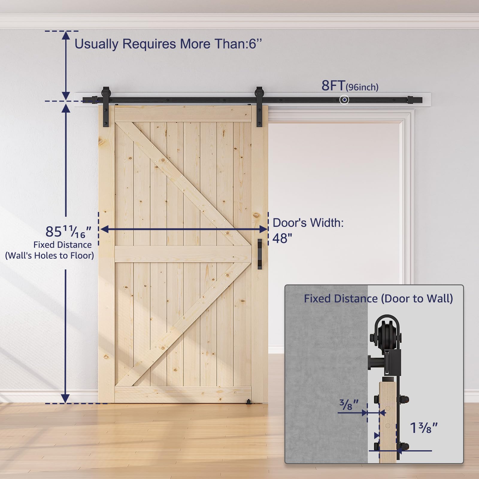 SMARTSTANDARD 48in x 84in Sliding Barn Door with 8ft Barn Door Hardware Kit & Handle, Pre-Drilled Ready to Assemble, DIY Unfinished Solid Spruce Wood - WoodArtSupply