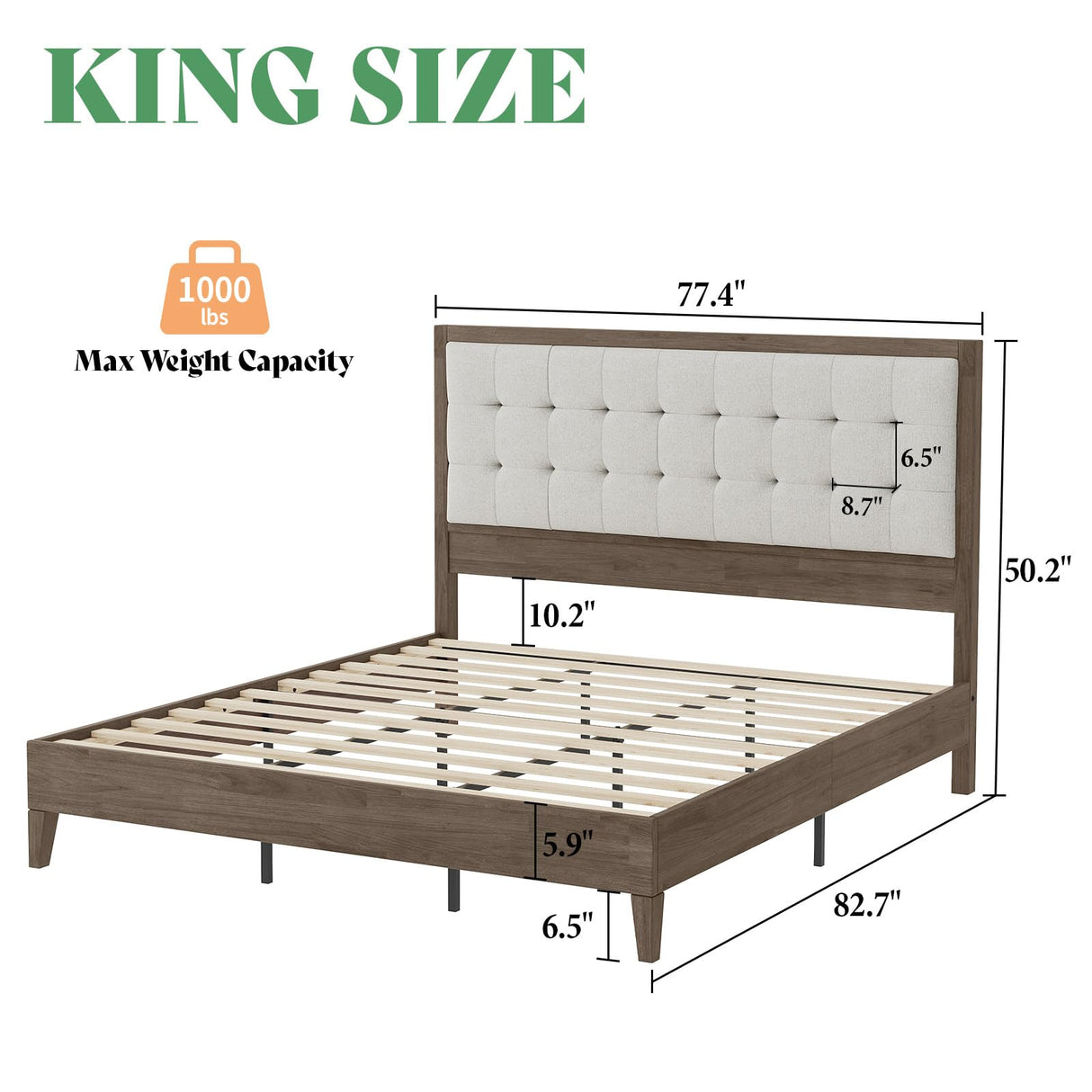 AMERLIFE King Size Solid Wood Bed Frame with Tall Tufted Headboard, Mid-Century Style, No Box Spring Required, Easy Assembly, Ash Gray AMERLIFE