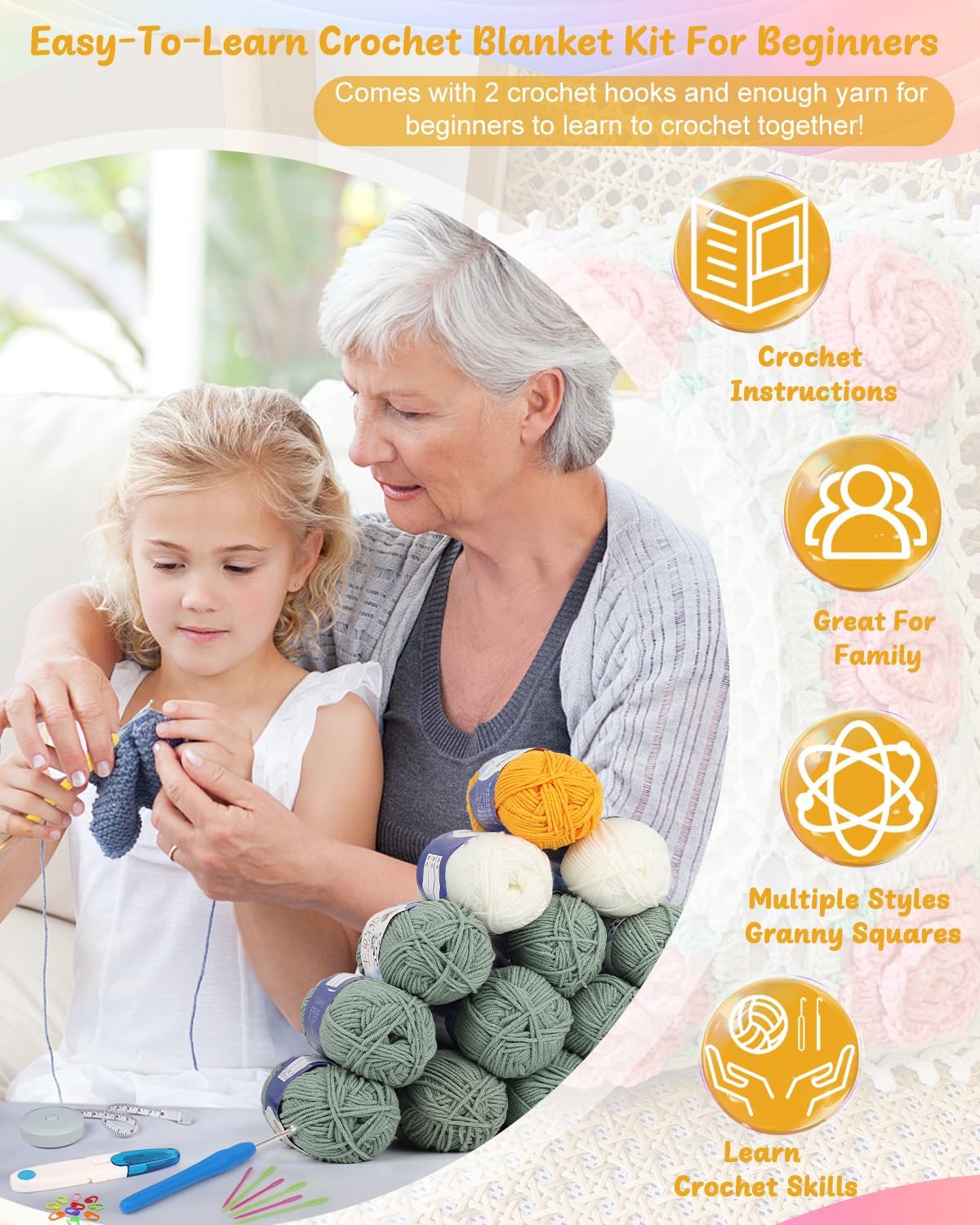 Coopay Crochet Starter Kit for Blanket, Granny Squares & Instructions, Easy Learn to Crochet for Beginners Coopay