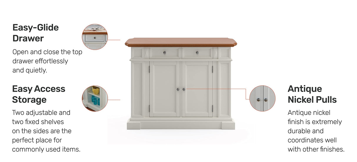 Homestyles Americana Kitchen Island with Wood Top and Drop Leaf Breakfast Bar, Storage with Drawers and Adjustable Shelves, 50 Inch Width, 49.75 inches, White and Oak homestyles