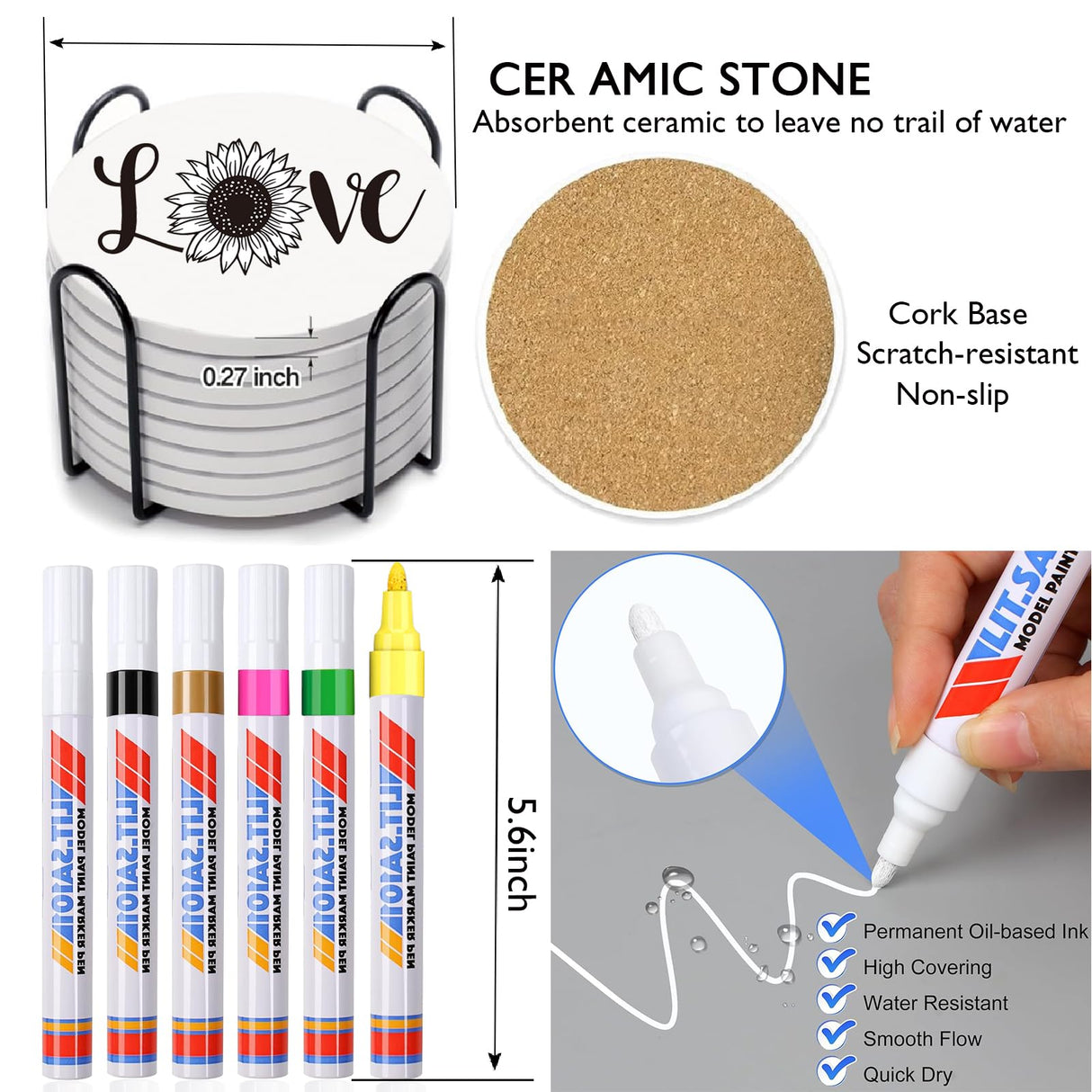 Paint Your Own Sunflower Coaster with Markers,Teens Arts and Crafts Kit,6 Absorbent Ceramic Tiles with Cork Base,DIY Painting Kit Sunflower Gifts for Women,Craft Enthusiasts All Ages,Seniors,Adults DoYoMo