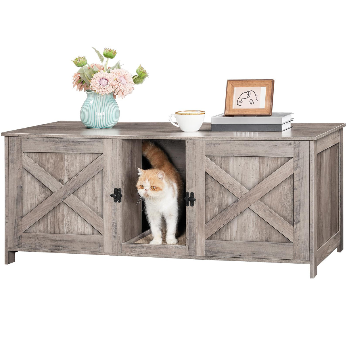 MAHANCRIS Cat Litter Box Enclosure for 2 Cats, 47.2" Hidden Cat Litter Box Furniture with Double Room, Wooden Cat Washroom Cabinet with Scratching Board, Indoor Cat House End Table, Greige CWHG1201 MAHANCRIS