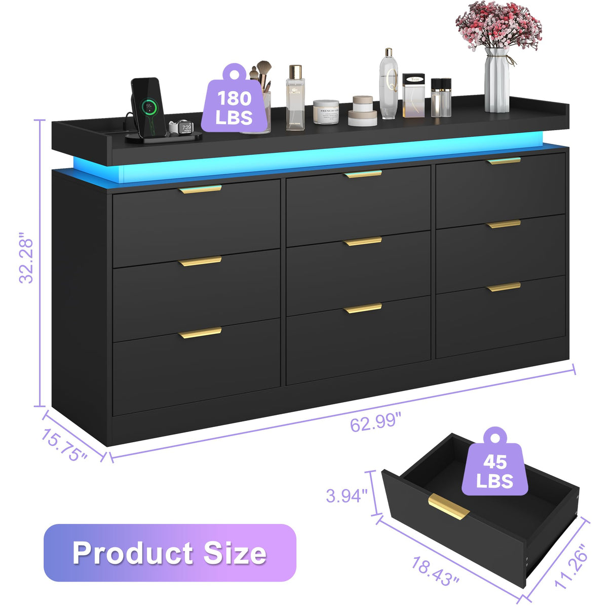 UNIQUITE 9 Drawer Dressers for Bedroom, Black Dresser with LED Light and Power Outlet, Modern Large Dresser & Chests of Drawers, Wood Triple Wide Dressers for Bedroom, Living Room, Entryway, Hallway UNIQUITE