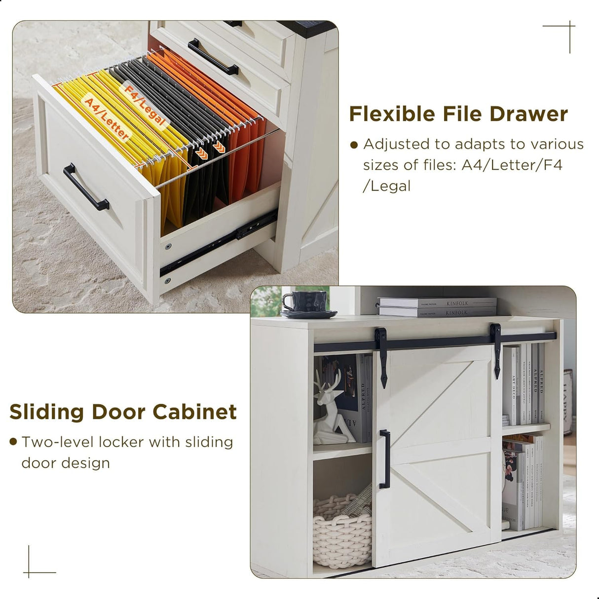 JXQTLINGMU Computer Desk with Darwers & Storage Cabinet, Home Office Desk with File Drawer, Gaming Desk with Monitor Stand & Charging Station, Off White JXQTLINGMU