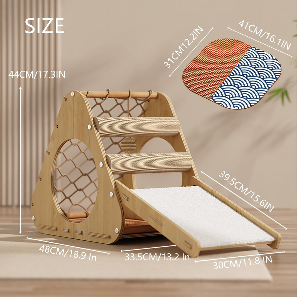 Wooden Cat Tree Tower for Indoor Cats, Scratching Post, Modern Cat Tree Cat Condo, Double-Sided Mat, Ladder with Anti-Scratch Pads, Climbing Web Compact Design (Normal) KWOJU