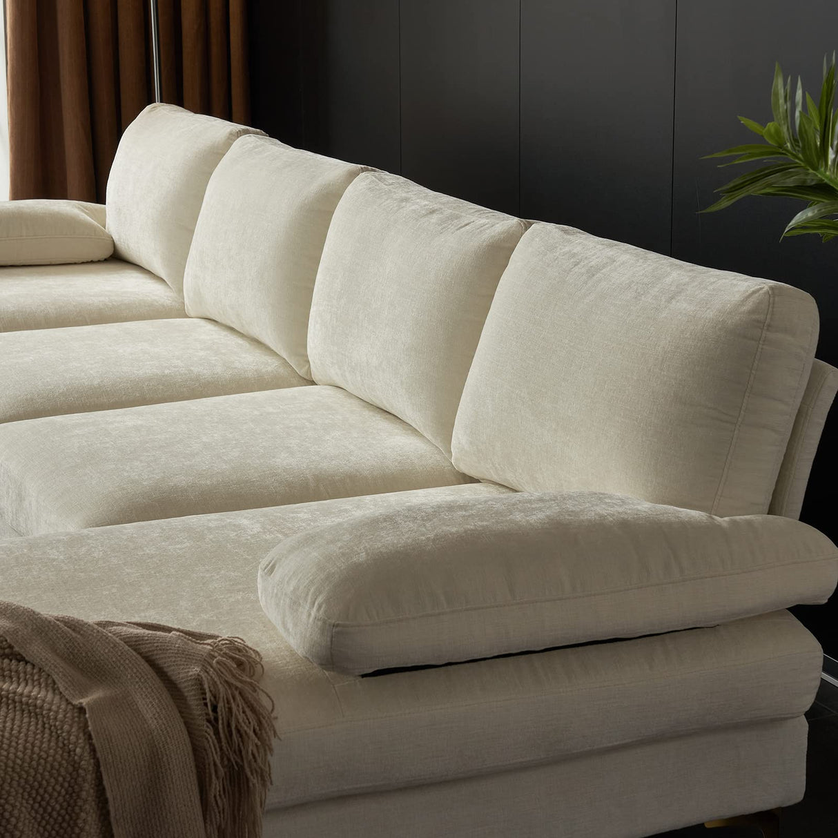 Karl home Convertible Sectional Sofa 110" U-Shape Sofa Couch 4-Seat Couch with Chaise ChenilleFabric Upholstered for Living Room, Apartment, Office, Creamy White Karl home