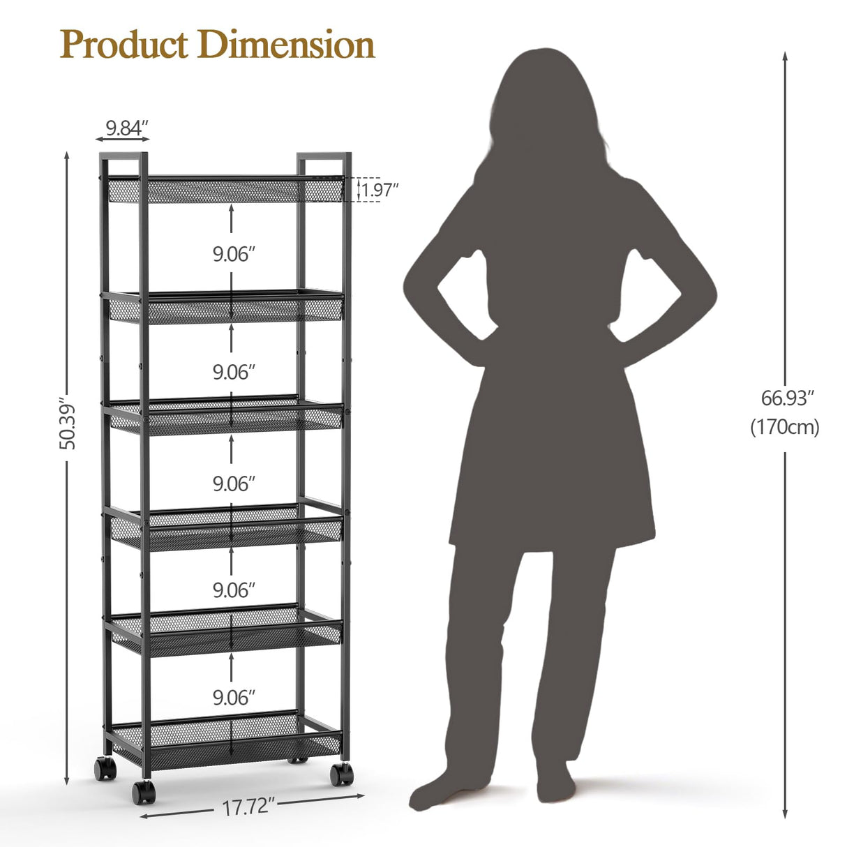 6 Tier Slim Rolling Storage Cart, Narrow Mobile Shelving Unit Organizer Utility Cart with Wheels, Metal Wire Storage Rack with Baskets for Kitchen, Bathroom, Laundry & Living Room, 10in(W) ThreeHio