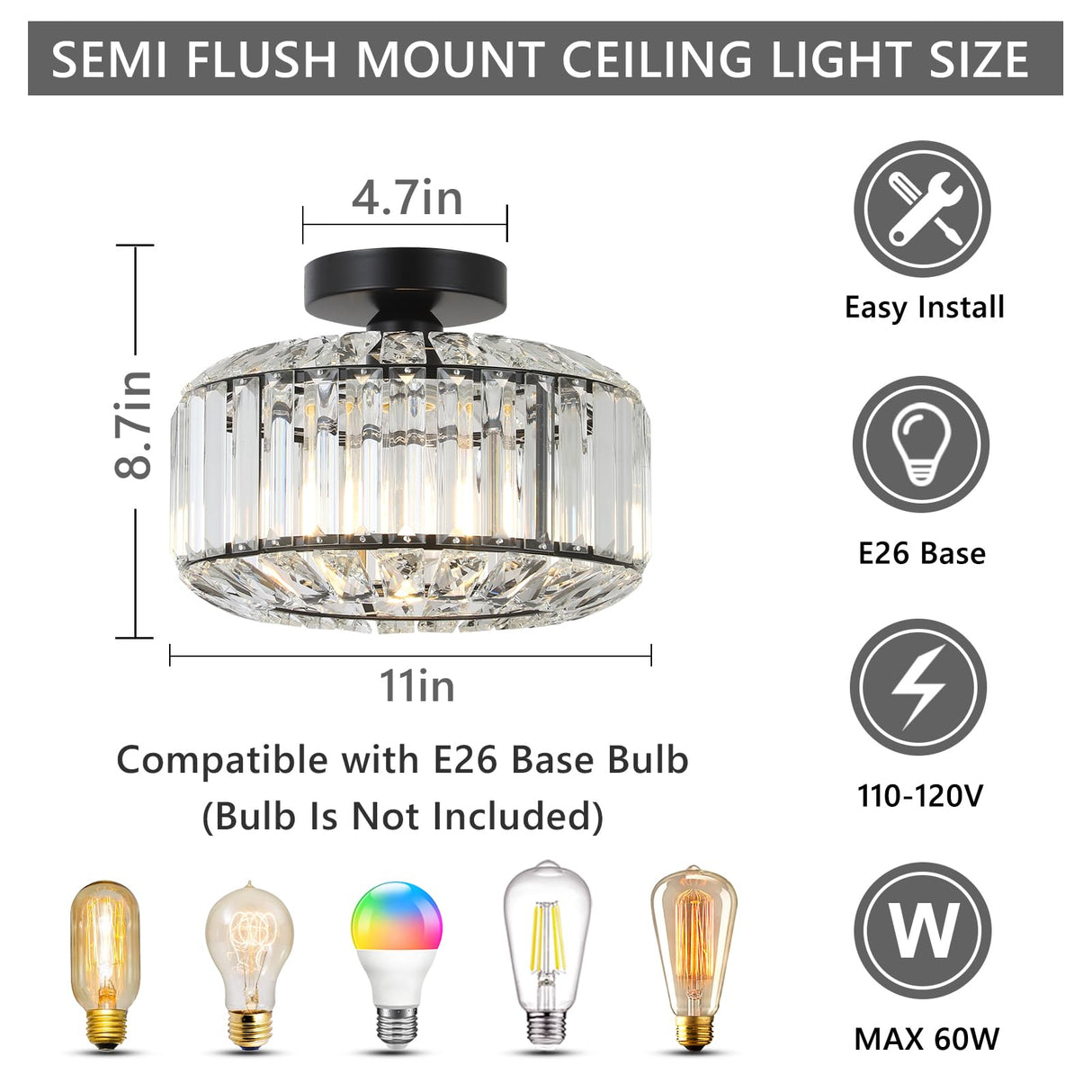 eyassi Crystal Semi Flush Mount Ceiling Light, Black Kitchen Lighting Fixtures Ceiling, Modern Bedroom Chandelier Living Room Light Fixtures Ceiling Mount, Bathroom Ceiling Light for Entryway Hallway eyassi