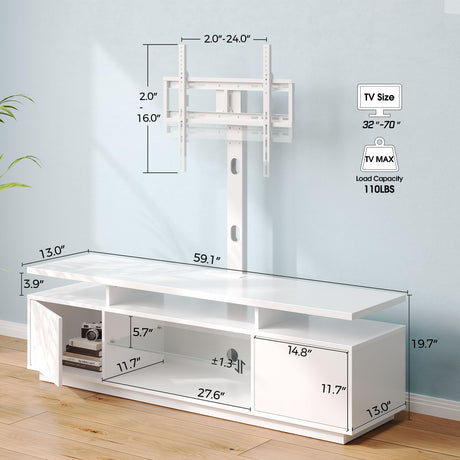 Rolanstar TV Stand with Mount and Power Outlet 59.1", Swivel TV Stand Mount for 32/45/55/60/65/70 inch TVs, Height Adjustable Modern Entertainment Center with Storage & LED Lights, TV Table White Rolanstar