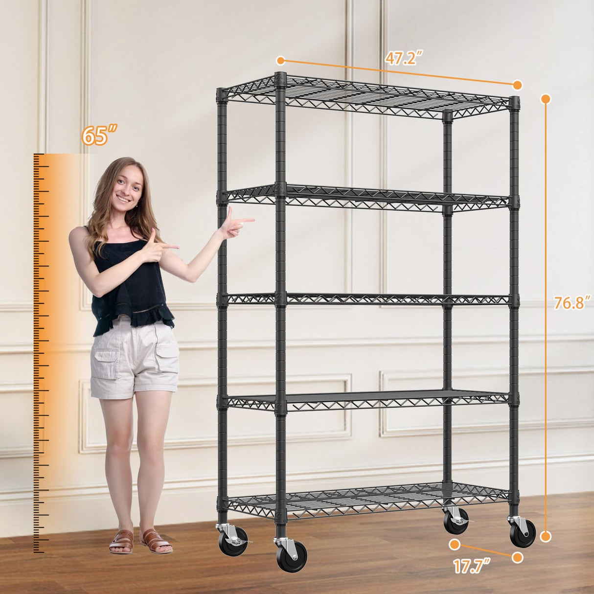 ALYIAMXL 5-Tier Steel Storage Shelving Unit with Wheels,1750 LBS Capacity Adjustable Utility Rack,Organizer Wire Shelves for Garage,Kitchen,Office,17.7" D x 47.2" W x 72.3" H ALYIAMXL