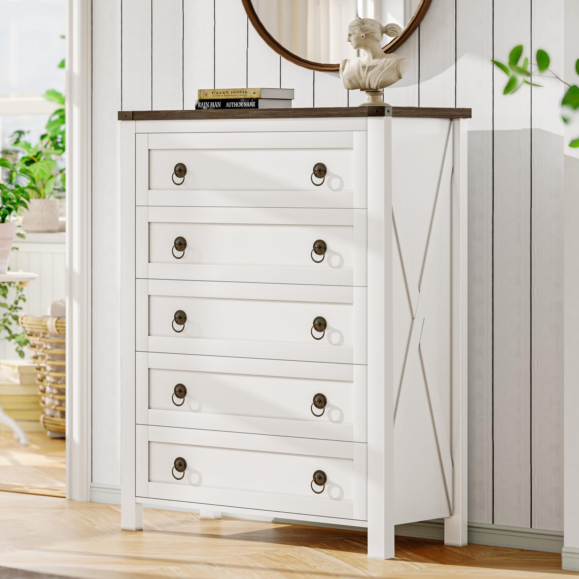 ChooChoo Farmhouse 5 Drawer Dresser, Tall Wood Dresser for Bedroom, Rustic Chest of Drawers, Storage Cabinet with Drawers for Living Room, Entryway, White - WoodArtSupply