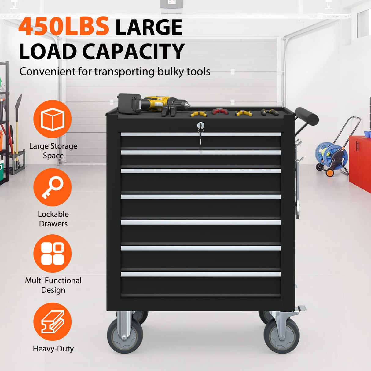 DYneeds 7-Drawer Rolling Tool Chest, Tool Box with Wheels and Drawers, High Capacity Detachable Mobile Tool Storage Cabinet for Workshop, Garage, Mechanics and Repair Room (Black) DYneeds