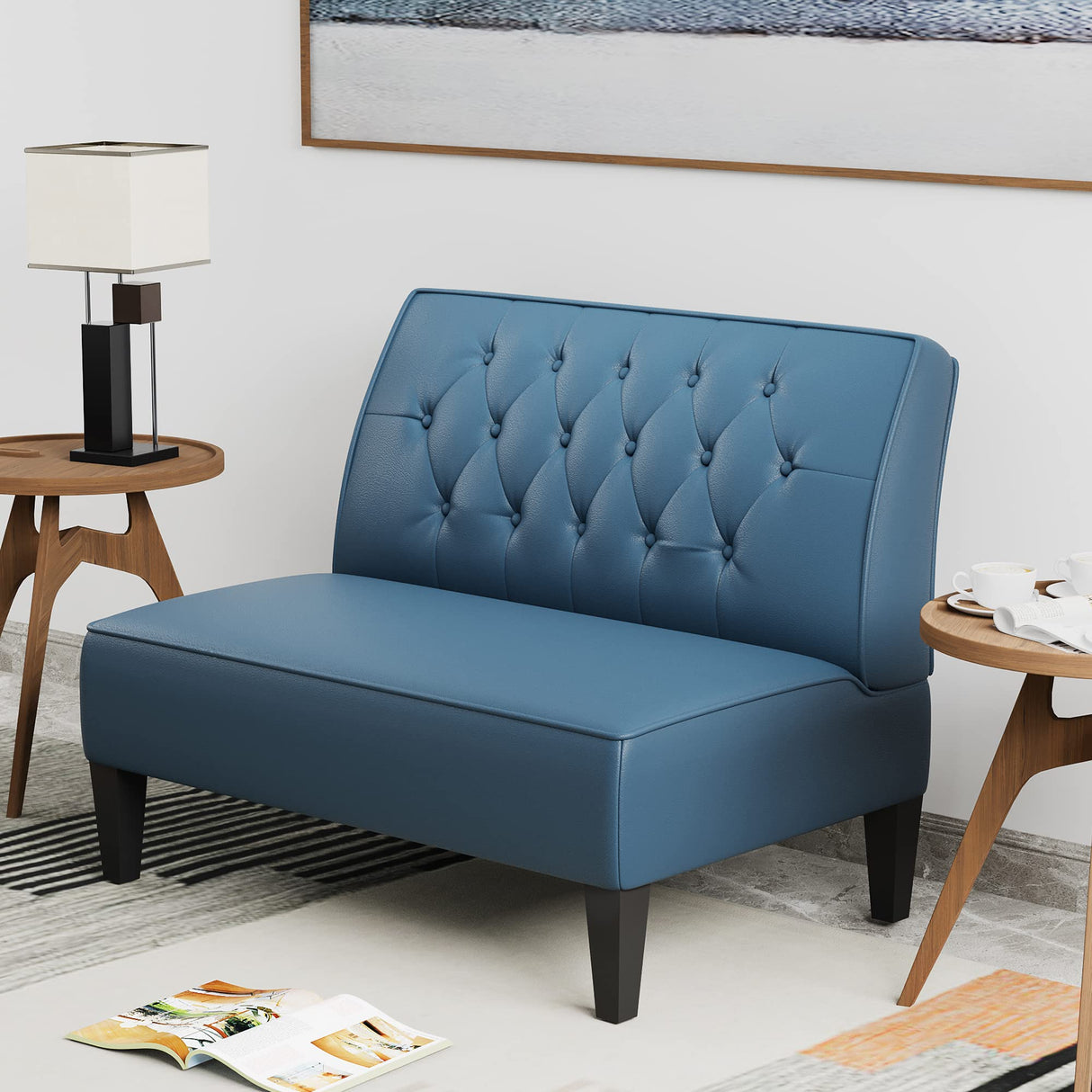 Alunaune Upholstered Blue Loveseat Bench Couch for Bedroom, Modern Cushioned Armless Settee Small Love Seat Sofa Faux Leather Living Room Couch Alunaune