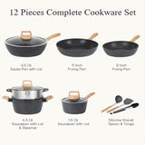 12 Pcs Pots and Pans Set Non Stick Kitchen Cookware Sets Nonstick Induction Cookware Black Granite Cooking Tools with Frying Pans, Saucepans, Steamer Silicone Shovel Spoon & Tongs (PFOS/PFOA Free) SODAY