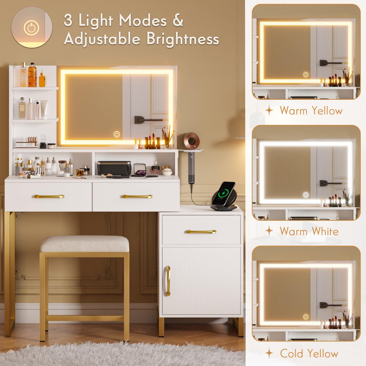 REVOMINCA Vanity Desk with Mirror and Lights, Modern Makeup Vanity with Charging Station, White & Gold Vanity Table with 3 Drawers & Cabinet, 3 Lighting Modes Brightness Adjustable, Bedroom - WoodArtSupply