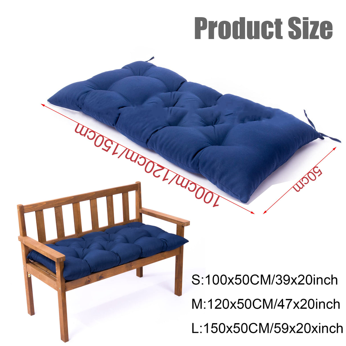 Srutirbo Indoor Outdoor Bench Cushion, Waterproof Swing Cushion Seat Chair Replacement Pads Pillow for Lounger Garden Furniture Patio Metal Wooden (47x20IN, Blue) Srutirbo