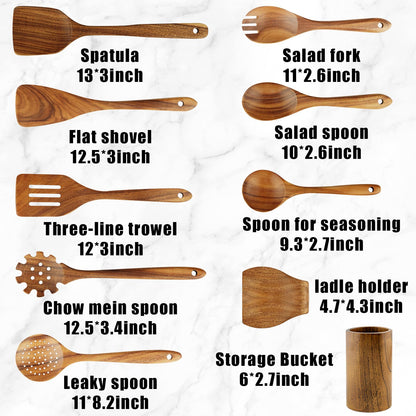 FJNATINH Wooden Spoons for Cooking, 10 Pcs Teak Wooden Cooking Utensil Set with Holder, Wooden Kitchen Utensils Set for Nonstick Pans & Cookware