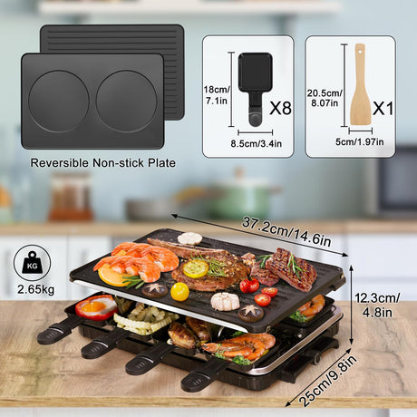 Raclette Table Grill, Indoor Grill Korean BBQ Grill Electric Griddle, 2 in 1 Electric Griddle Nonstick with 8 Raclette Cheese Pans Adjustable Temperature Control 1300W Ideal for Family and Party Fun TONZE