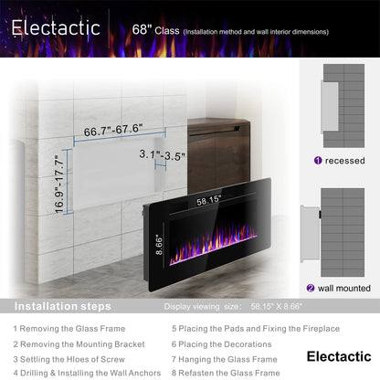 Electactic 68 inches Electric Fireplace Recessed and Wall Mounted Heater and Linear Fireplace, with Timer, Remote Control, Adjustable Flame Color, 750w/1500w, Black