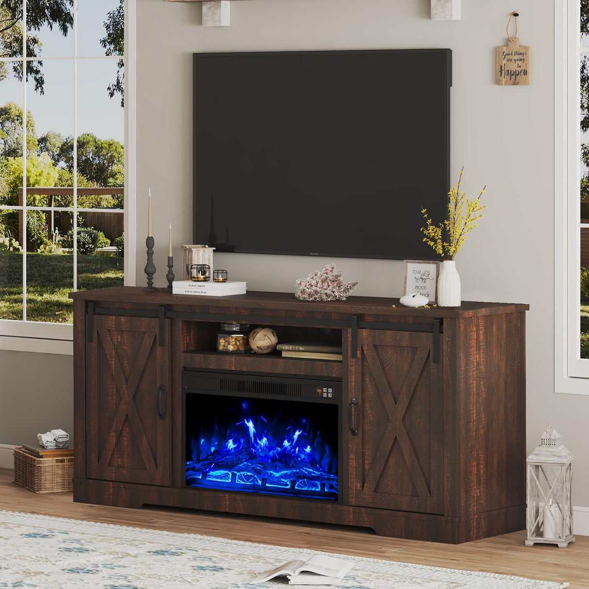 AMERLIFE Fireplace TV Stand with Sliding Barn Door for TVs up to 73", Farmhouse 63" Fireplace Entertainment Center with Storage Cabinets/Adjustable Shelves, Reclaimed Barnwood AMERLIFE