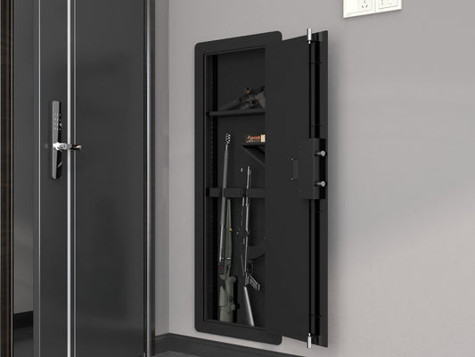 Roomfitters Wall Gun Safe: Quick-Access Rifle Safe with Removable Shelf and Digital Keypad (Black and Silver) – Ideal Gun Safes for Home and Wall Safes Between the Studs