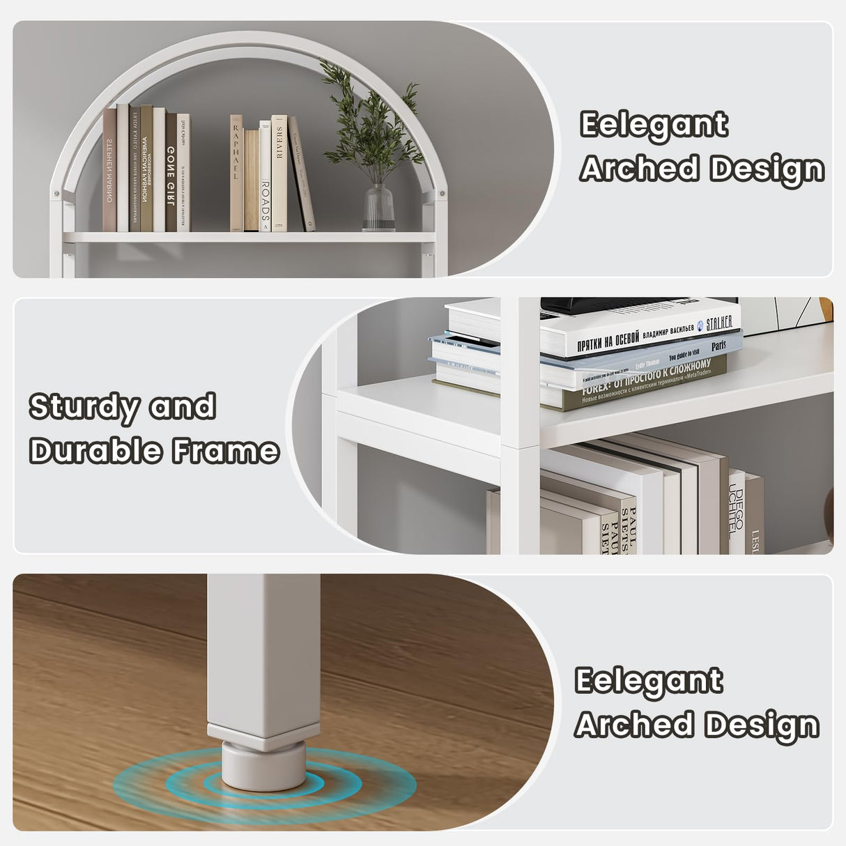 Saudism Arched Bookshelf with Doors, 71" Tall Industrial Bookcase with Sturdy Metal Frame, Freestanding Display Shelving Unit, White Geometric Book Shelf for Lving Room, Bedroom, Home Office Saudism