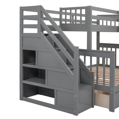 SOFTSEA Twin Over Twin Over Full Bunk Bed with Desk, 3 Storage Drawers and Wardrobe, L Shaped Triple Bunk Beds with Staircase, Wood Bunk Bed Frame with Guardrails and Ladder, 3 Beds in 1, Gray