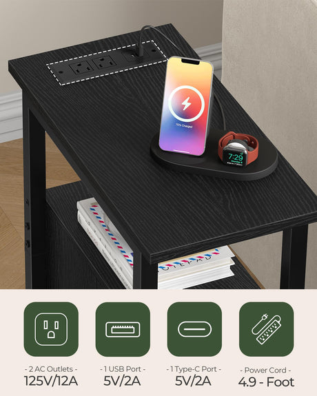 CHOEZON Farmhouse End Table, Narrow Side Table for Small Spaces, Slim Nightstand with Charging Station, with 2 AC Outlets, 1 USB and 1 Type-C Port, for Living Room, Bedroom, Black TBZ08UBB CHOEZON