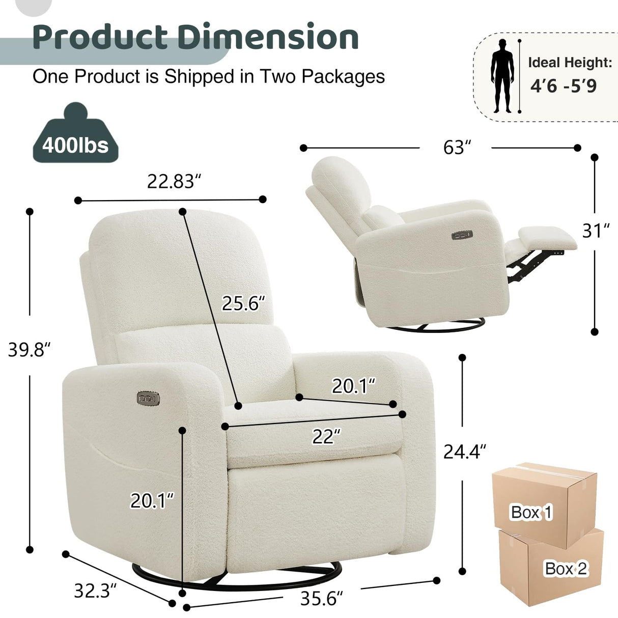AEMEIOS Power Swivel Rocker Recliner, Oversized Boucle Nursery Glider Recliner, Swivel Rocking Reclining Chair with Removable Cushion and Lumbar Support for Nursery Living Room Bedroom, Teddy White AEMEIOS
