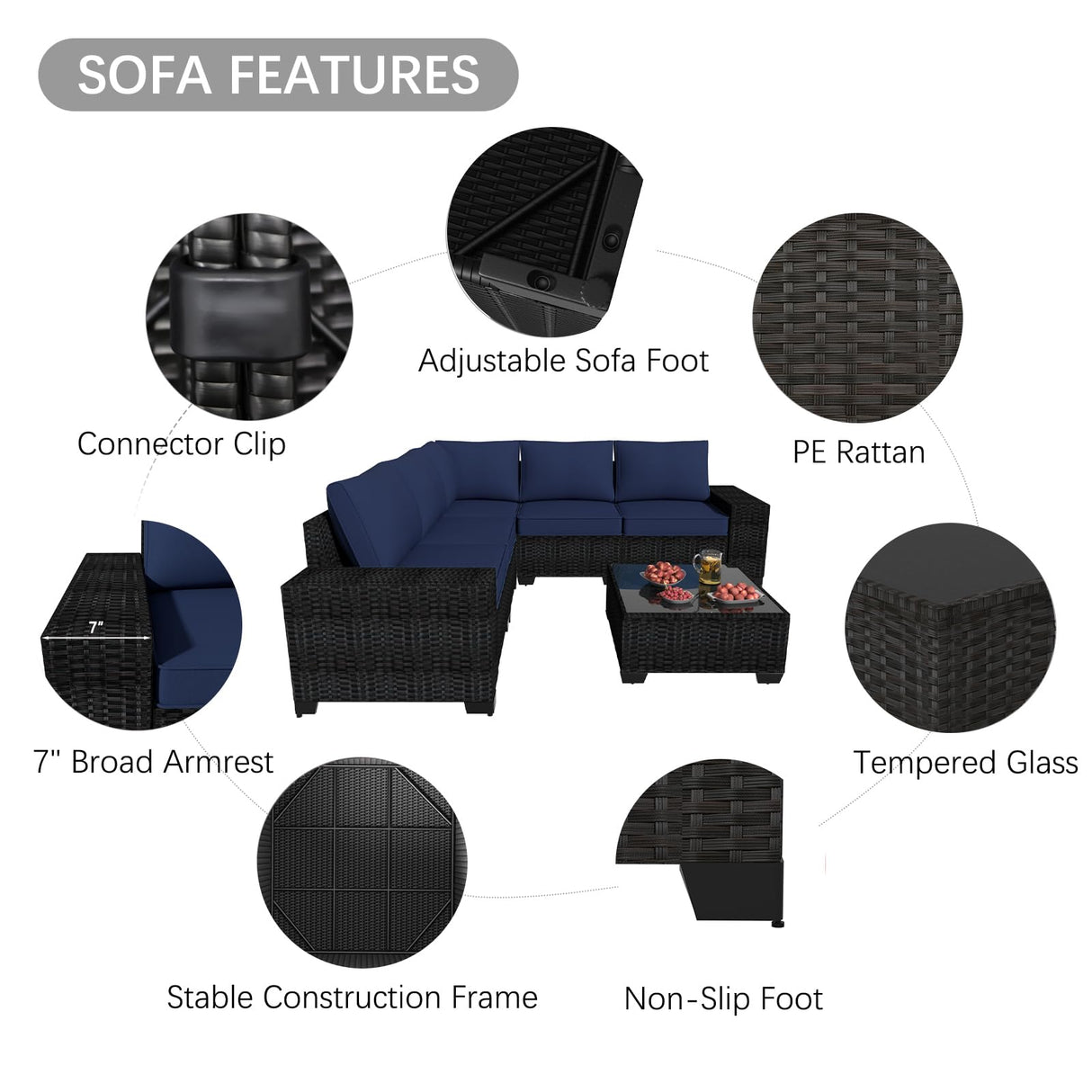 opemtdo Outdoor Patio Furniture Set 6 Pieces Patio Sectional Furniture Conversation Set Wicker Porch Couch Sofa Seat for Backyard Garden Poolside(Brown/Navy Blue) opemtdo