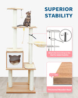 Made4Pets Cat Tree, Modern Cat Tree Tower for Indoor Cats - 65" Tall Wood Condo with Hammock, Scratching Post and Removable Pads for Small Large Cats MADE 4 PETS