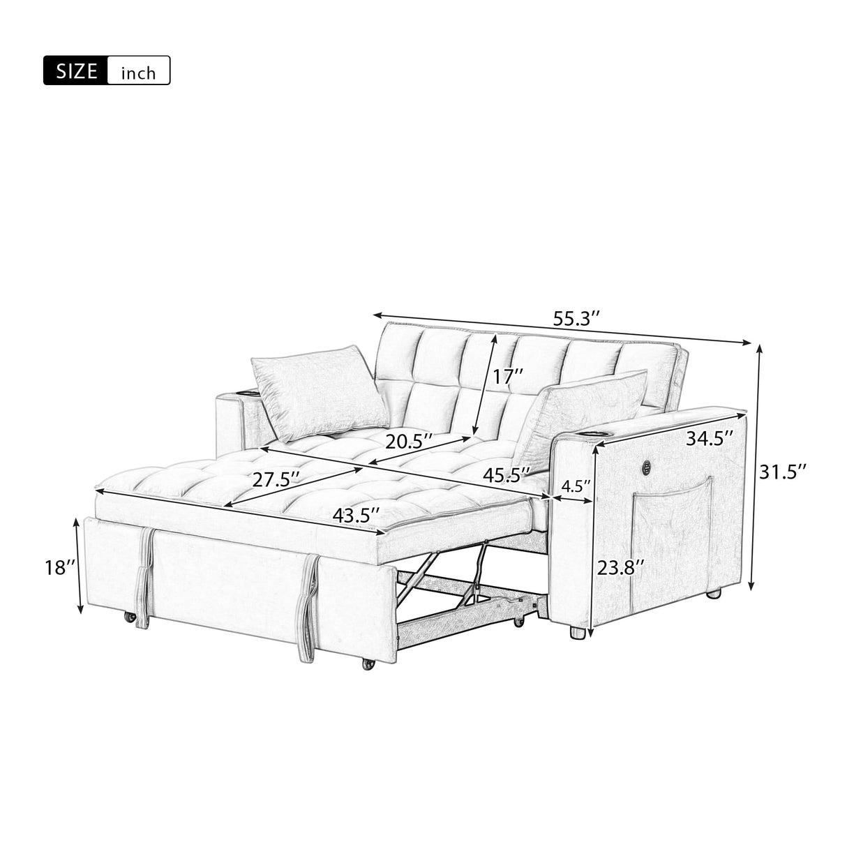 Merax 55.3" Loveseat with Pull Out Bed, Convertible Velvet Sleeper Sofa Bed with Cup Holder & USB Port, 2 Pillows, and Adjustable Backrest for Living Room or Apartments, Cream White Merax