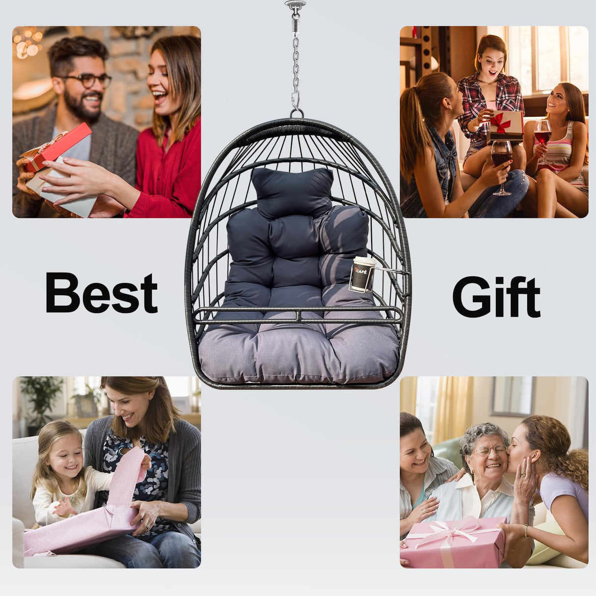 JESE Swing Hammock Egg Chairs Indoor Outdoor, UV Resistant Cushion Hanging Chair with Cup Holder, Foldable Frame 350lbs Capacity Wicker Hammock Chair for Patio Bedroom Balcony(Without Stand, Black) JESE