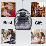 JESE Swing Hammock Egg Chairs Indoor Outdoor, UV Resistant Cushion Hanging Chair with Cup Holder, Foldable Frame 350lbs Capacity Wicker Hammock Chair for Patio Bedroom Balcony(Without Stand, Black) JESE