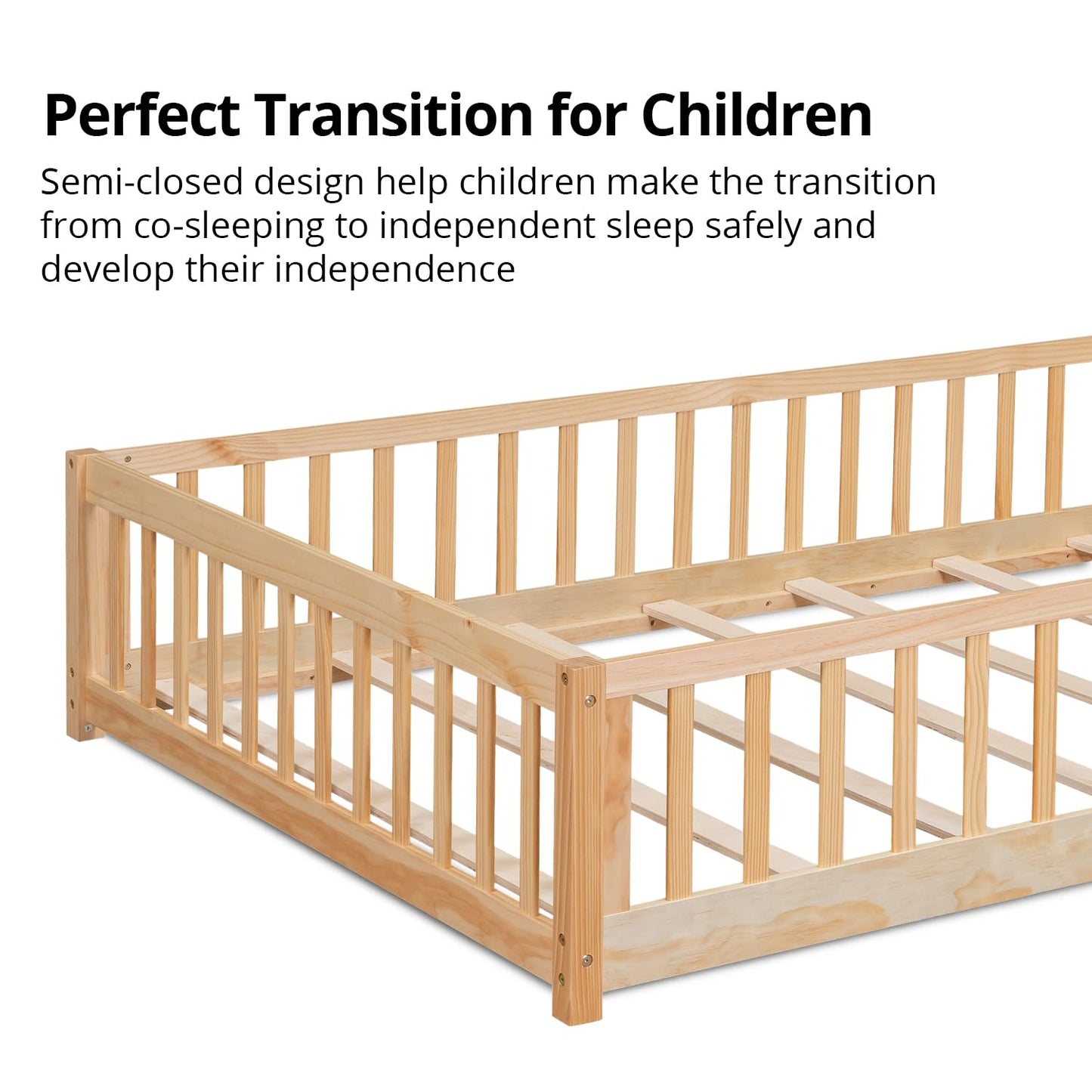 Durable Natural Montessori Full Floor Bed for Children with Safety Fence and Door - WoodArtSupply