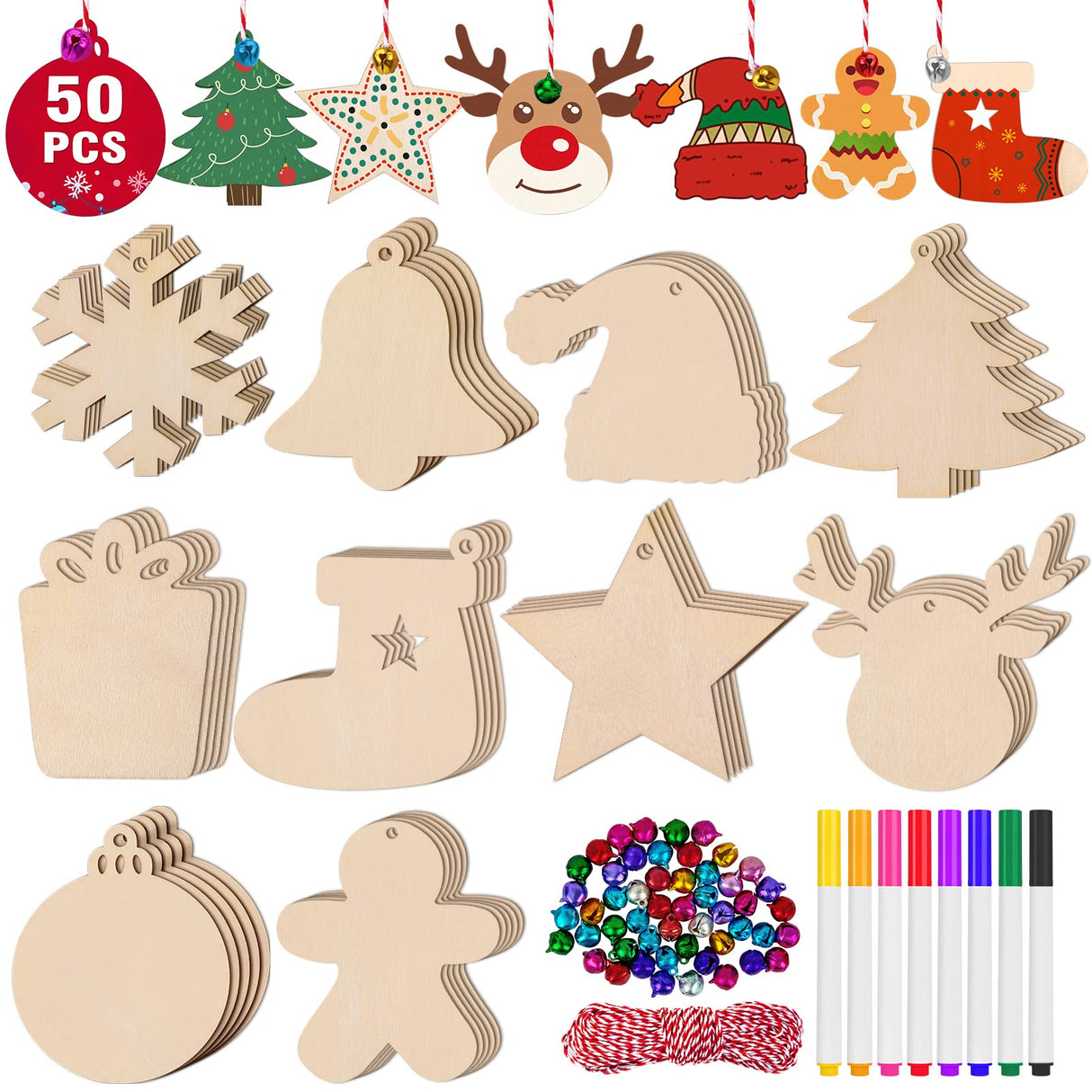 Besteek Home 158 Pcs Wooden Christmas Ornaments Unfinished, 50 Pcs Wood Slices in 10 Shape Christmas Crafts with Bells, Twine&Pens DIY Wooden Christmas Ornaments Besteek Home