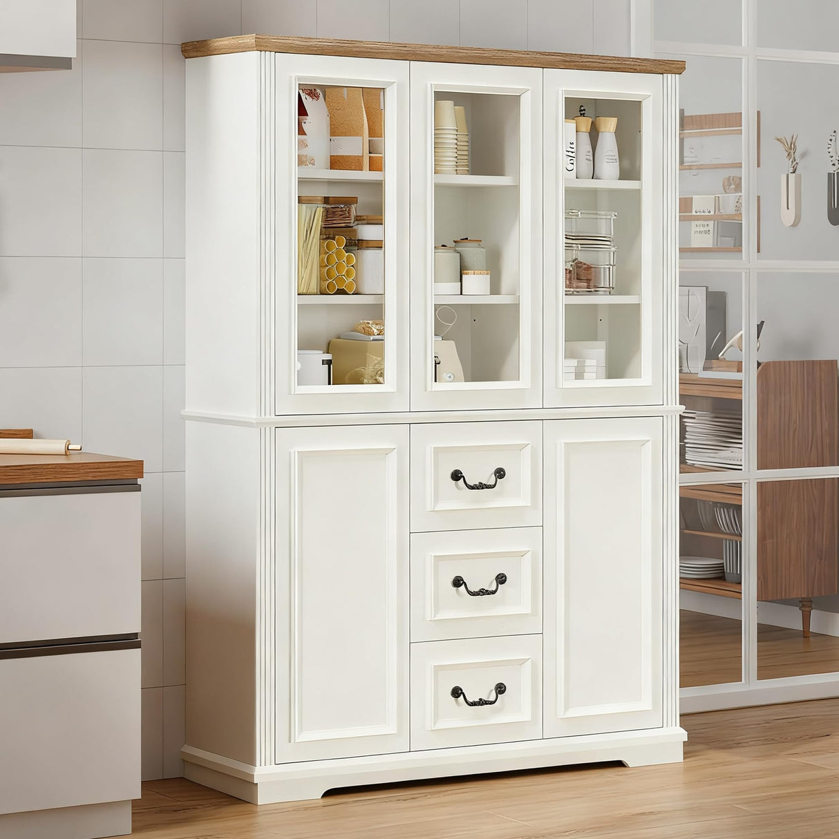 DWVO Large Storage Cabinet, 72" Tall Kitchen Pantry with Glass Doors, Freestanding Glass Display Cabinets with Adjustable Shelves & Drawers, Food China Hutch for Dining Room, Living Room, White DWVO