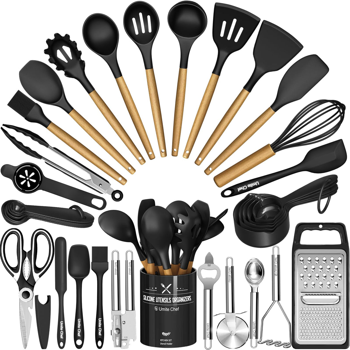 Kitchen Utensils Set- 34PCS Silicone Cooking Utensils with Holder, Umite Chef Heat Resistant Kitchen Utensil Spatula Set for Nonstick Cookware, Black Wooden Handles Kitchen Gadgets Tools Set Umite Chef