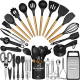 Kitchen Utensils Set- 34PCS Silicone Cooking Utensils with Holder, Umite Chef Heat Resistant Kitchen Utensil Spatula Set for Nonstick Cookware, Black Wooden Handles Kitchen Gadgets Tools Set Umite Chef